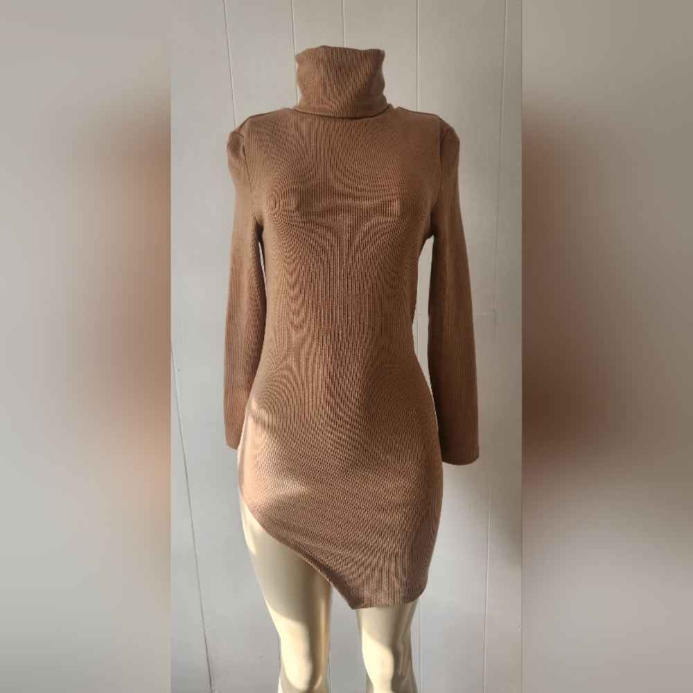 Turtleneck Tan Brown  Dress Asymetrical Size Medium